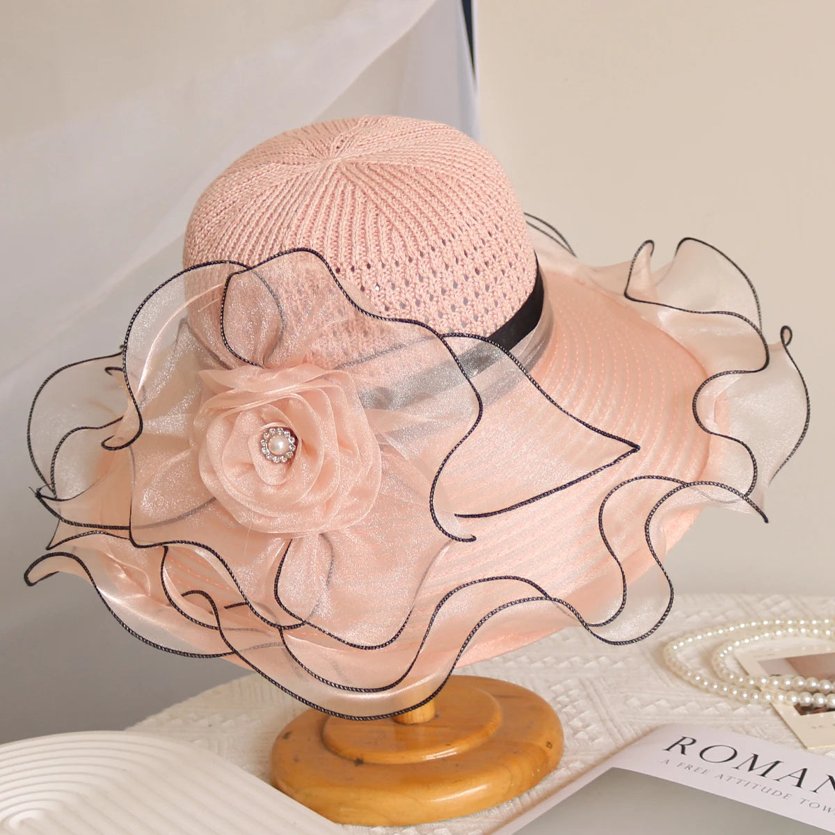Elegant Women’s Summer Sun Hat – Breathable Foldable Organdy Hat with Woven Top & Flower Decoration