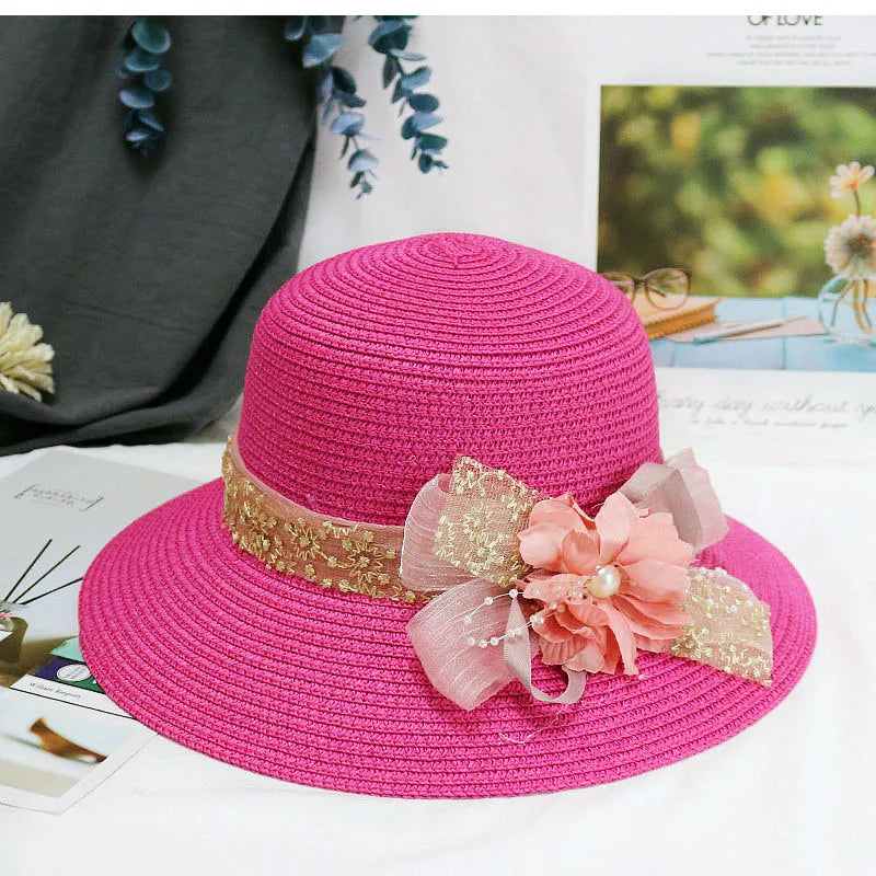 Fashion Women’s Summer Straw Sun Hat – Lace Bowknot & Flower Ribbon Flat Top Beach Bucket Cap Panama Style