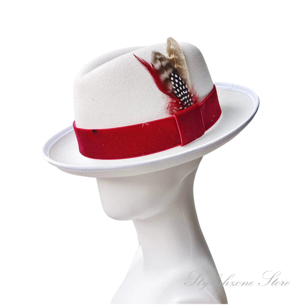 Men’s European & American Fedora – Small Top Winter Hat in Thickened Golden Velvet with Feather, Flipped Brim “Hamburger” Style