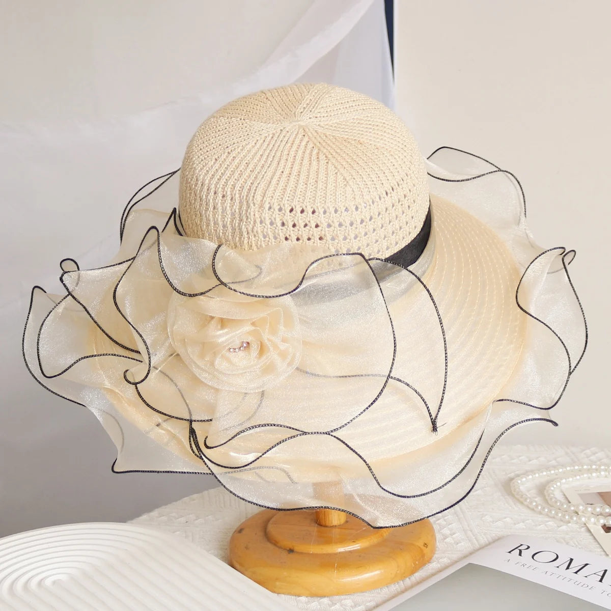 Elegant Women’s Summer Sun Hat – Breathable Foldable Organdy Hat with Woven Top & Flower Decoration