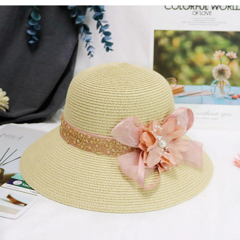 Fashion Women’s Summer Straw Sun Hat – Lace Bowknot & Flower Ribbon Flat Top Beach Bucket Cap Panama Style