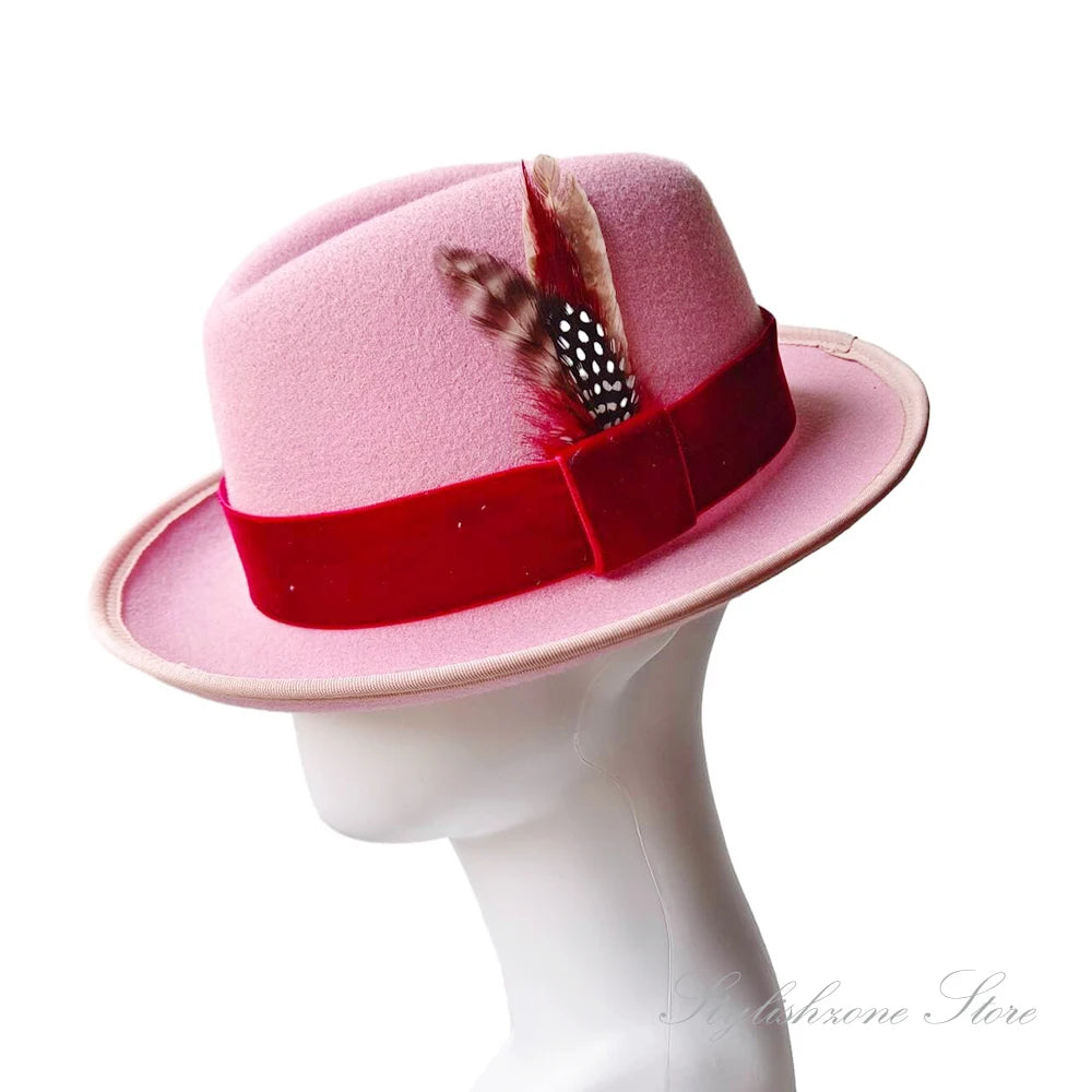 Men’s European & American Fedora – Small Top Winter Hat in Thickened Golden Velvet with Feather, Flipped Brim “Hamburger” Style