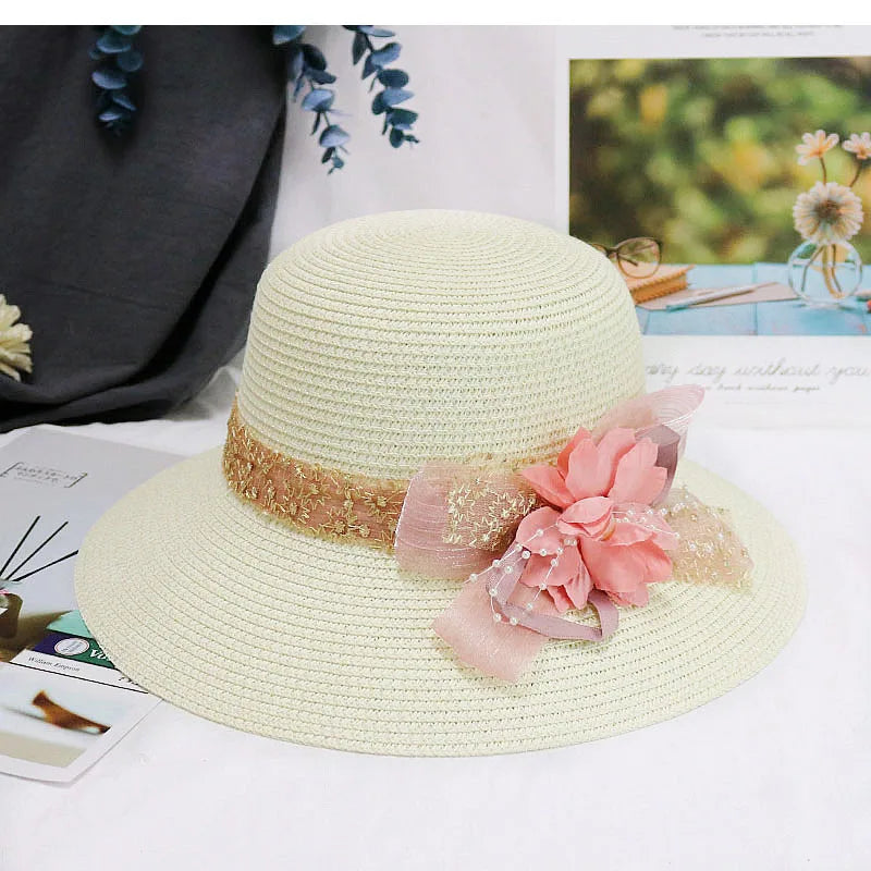 Fashion Women’s Summer Straw Sun Hat – Lace Bowknot & Flower Ribbon Flat Top Beach Bucket Cap Panama Style