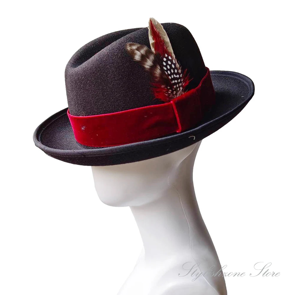 Men’s European & American Fedora – Small Top Winter Hat in Thickened Golden Velvet with Feather, Flipped Brim “Hamburger” Style