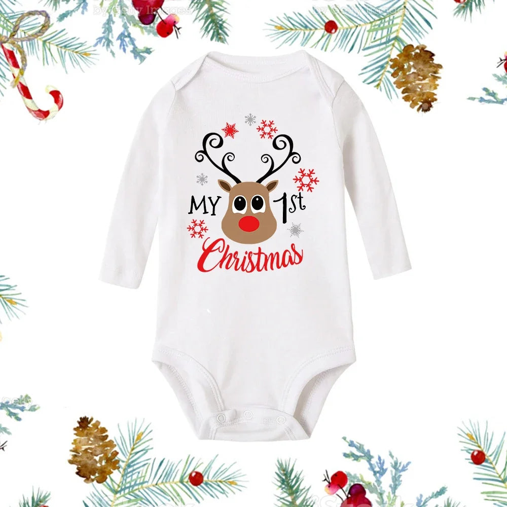 My First Christmas Baby Romper β Newborn White Long Sleeve Bodysuit with Cartoon Snowman Print, Infant Baptism Outfit & Xmas Gift