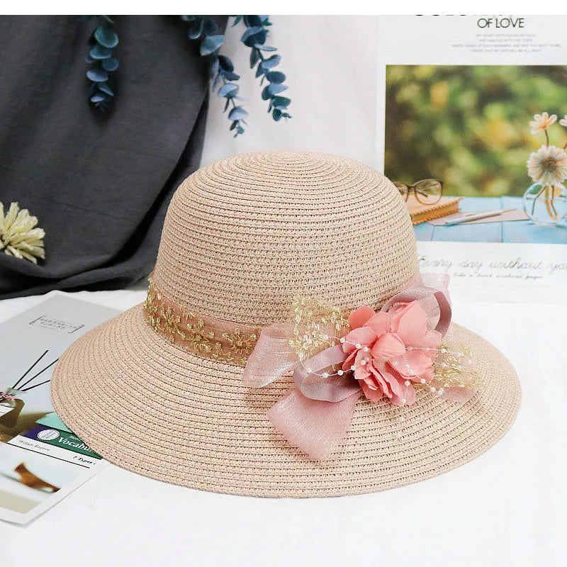 Fashion Women’s Summer Straw Sun Hat – Lace Bowknot & Flower Ribbon Flat Top Beach Bucket Cap Panama Style