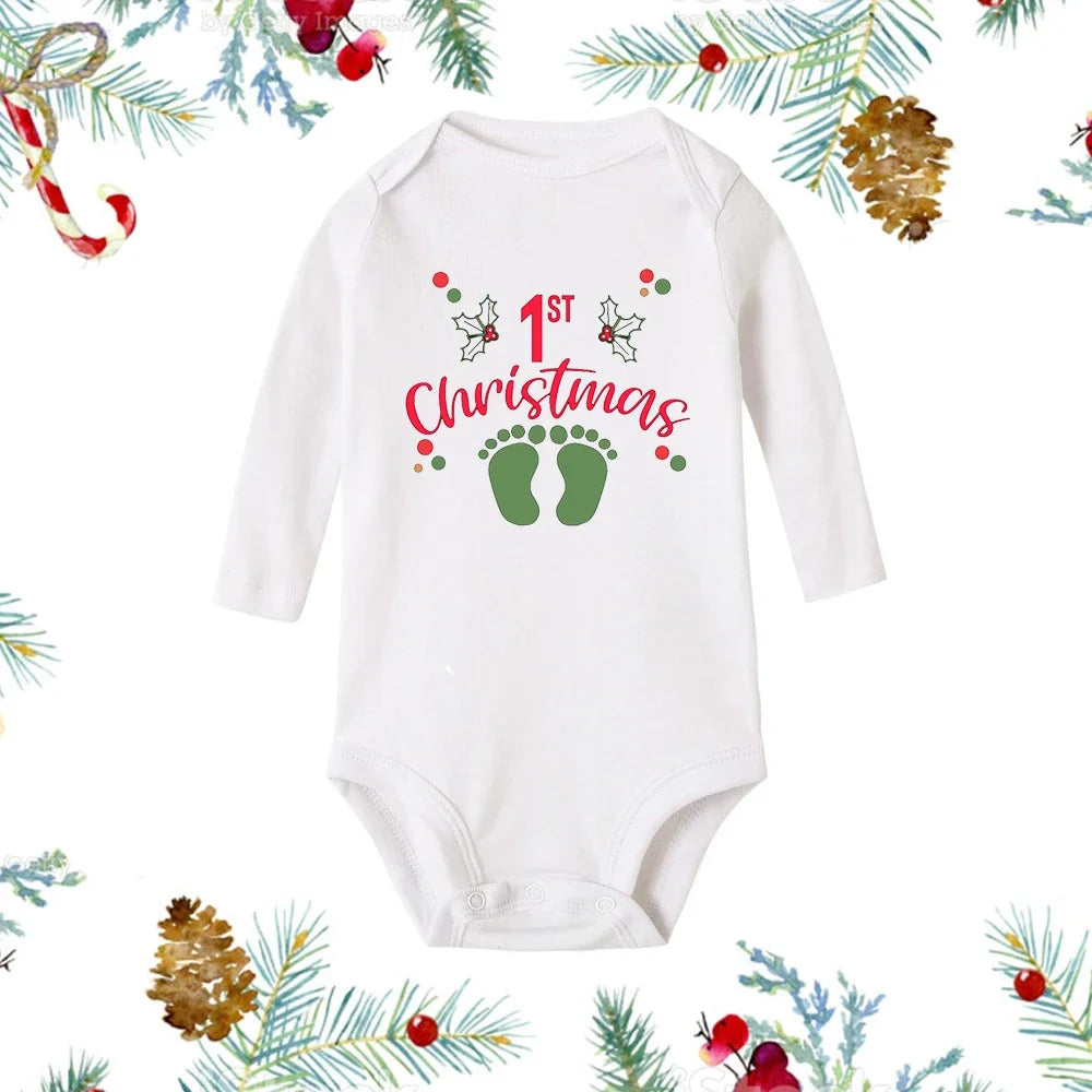 My First Christmas Baby Romper β Newborn White Long Sleeve Bodysuit with Cartoon Snowman Print, Infant Baptism Outfit & Xmas Gift
