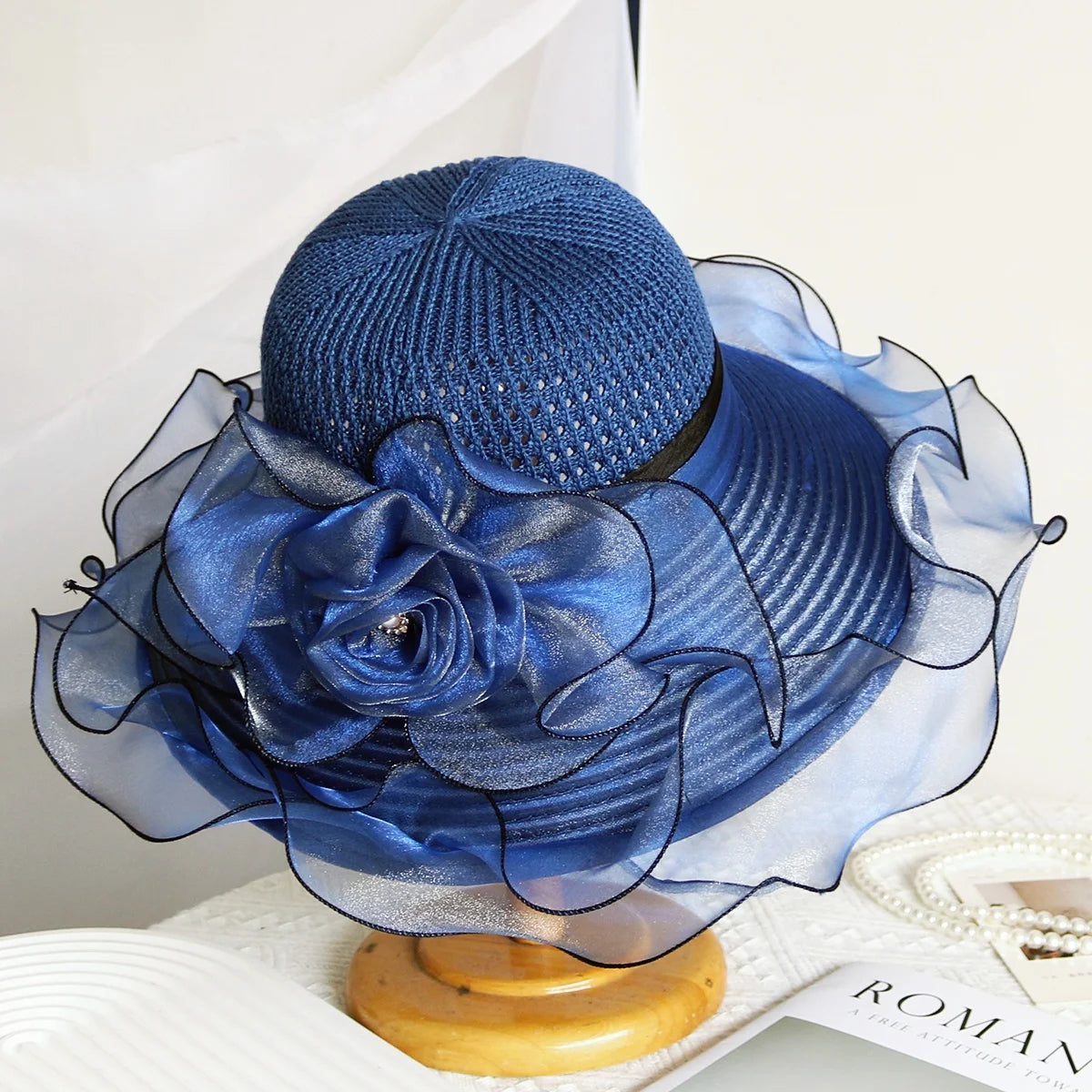 Elegant Women’s Summer Sun Hat – Breathable Foldable Organdy Hat with Woven Top & Flower Decoration