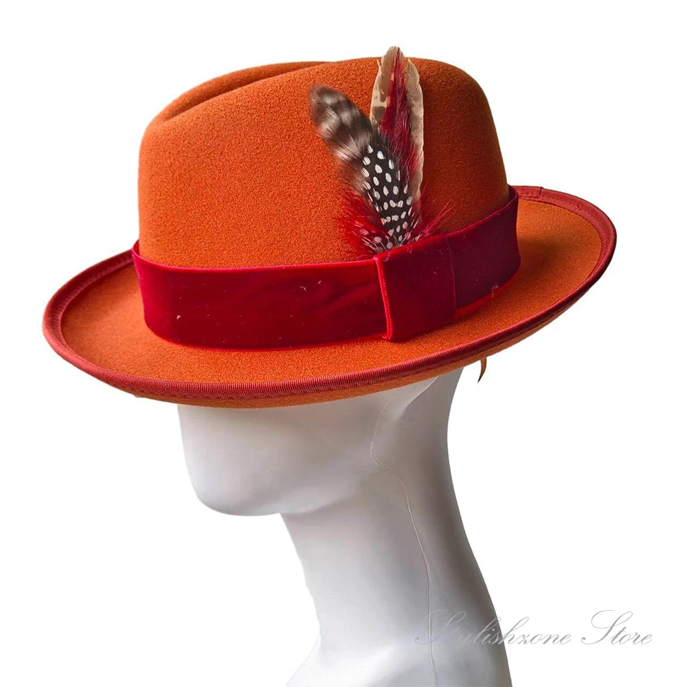 Men’s European & American Fedora – Small Top Winter Hat in Thickened Golden Velvet with Feather, Flipped Brim “Hamburger” Style