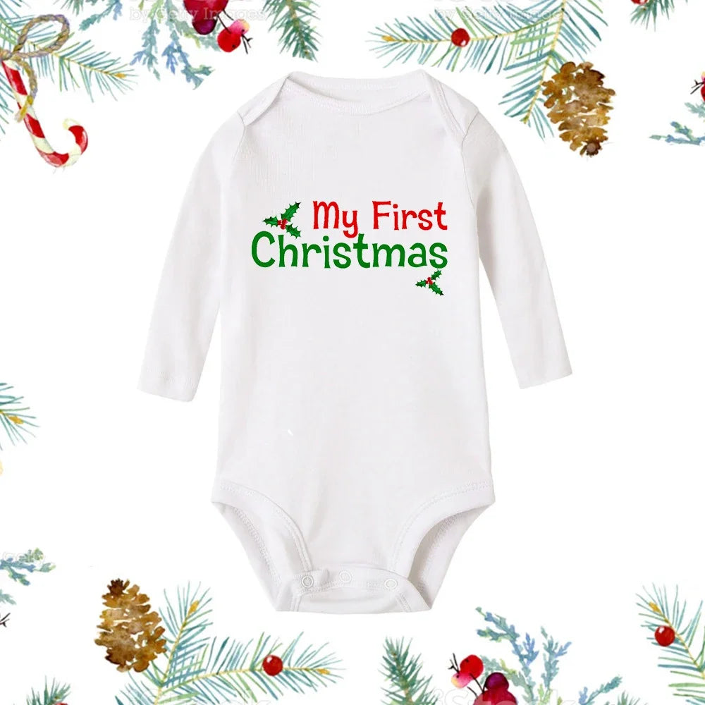 My First Christmas Baby Romper β Newborn White Long Sleeve Bodysuit with Cartoon Snowman Print, Infant Baptism Outfit & Xmas Gift