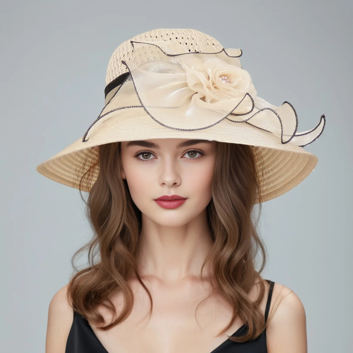 Elegant Ladies Fascinator Hat – Wide Brim Church Kentucky Derby Sun Cap with Bow