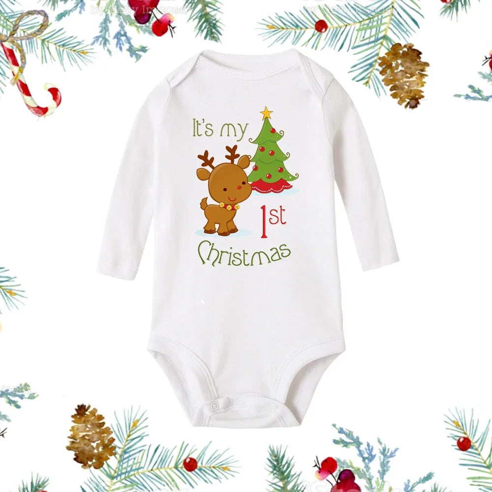 My First Christmas Baby Romper β Newborn White Long Sleeve Bodysuit with Cartoon Snowman Print, Infant Baptism Outfit & Xmas Gift