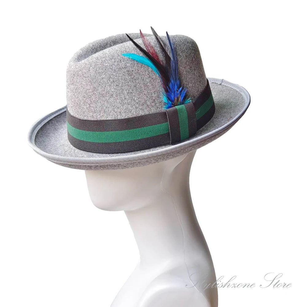 Men’s European & American Fedora – Small Top Winter Hat in Thickened Golden Velvet with Feather, Flipped Brim “Hamburger” Style
