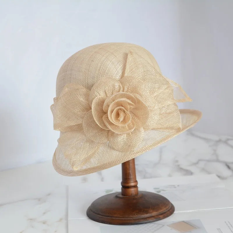 Elegant Court Linen Rose Fascinator Hat – Women’s Large Brim Summer Sun Hat for Weddings, Banquets, Kentucky Derby & Formal Events