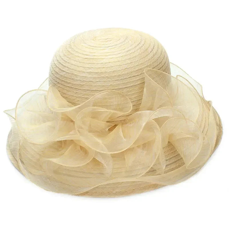 Women’s Summer Wide Brim Sun Hat – Elegant Organza Mesh Hat with Flower Decoration, Beach Vacation Sunshade Hat