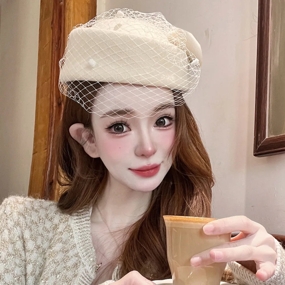 Elegant British Wool Fascinator Hat with Bow & Veil – Women’s Vintage Pillbox Hat for Weddings, Photography & Formal Events