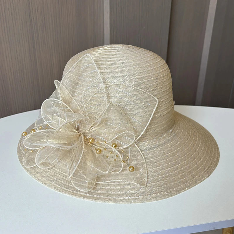 2025 Women’s Elegant Floral Organdy Sun Hat – Foldable Wide Brim Summer Beach Fedora Cap for Parties, Travel & Outdoor Wear