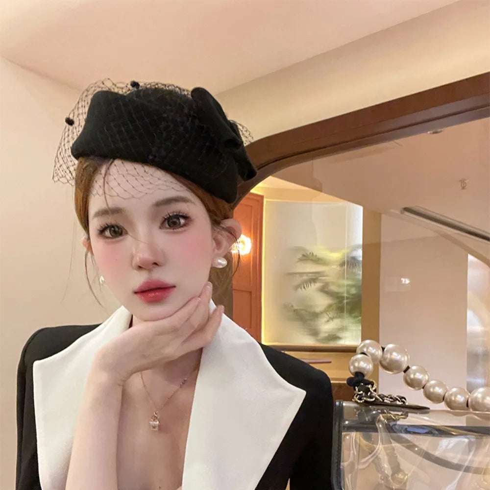 Elegant British Wool Fascinator Hat with Bow & Veil – Women’s Vintage Pillbox Hat for Weddings, Photography & Formal Events