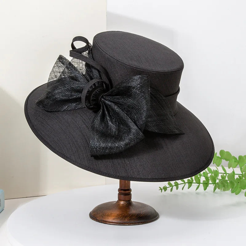 2025 Elegant Wide Brim Black Fedora for Women – Big Bow Formal Wedding Hat, Kentucky Derby Sun Hat, Flat Top Dress Hat for Cocktail Parties