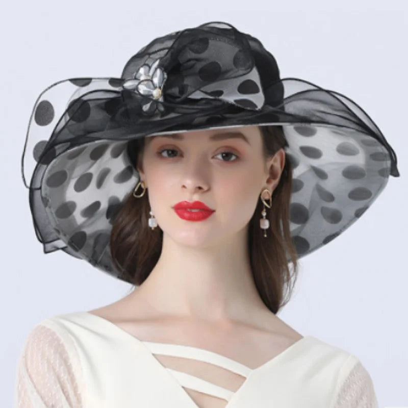 Elegant Women’s Organza Sun Hat – Vintage Wide Brim Fedora with Large Flower, Summer Church & Party Hat