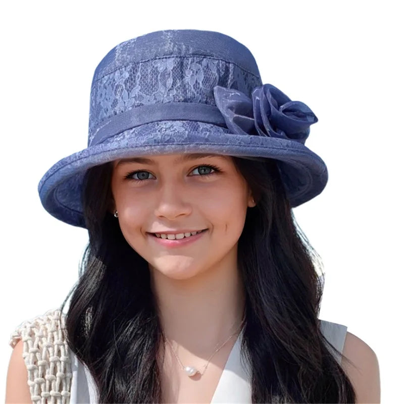 Vintage Women’s Cloche Hat with Floral Detail – Elegant Wide Brim Bowler Hat for Summer Church, Weddings & Outings