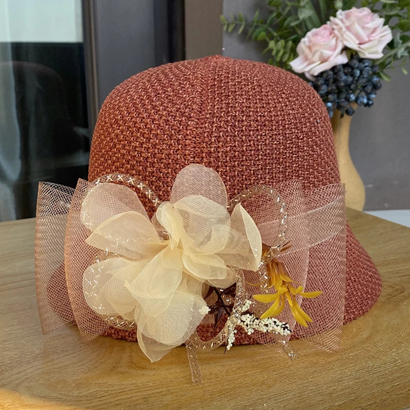 New Fashion Women’s Fedora Bowler Straw Hat – Spring Summer Breathable Flax Gauze with Elegant Flowers