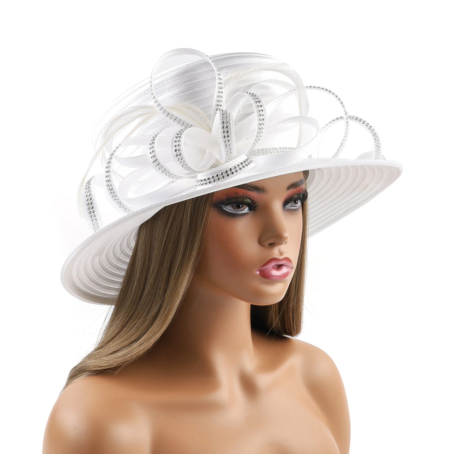 Deluxe White Church Hat β Elegant Satin Party & Banquet Hat with Chains & Flowers, Perfect for Formal Events & Photography