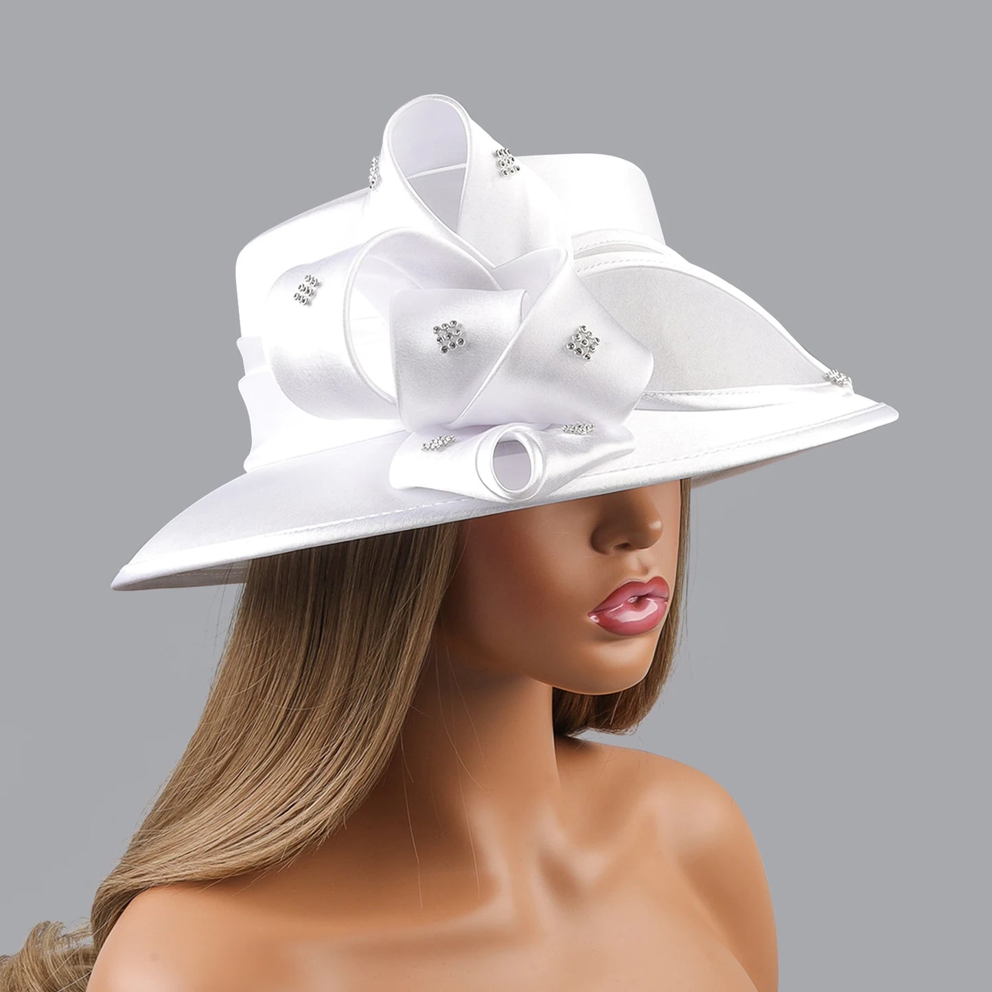 Deluxe White Church Hat β Elegant Satin Party & Banquet Hat with Chains & Flowers, Perfect for Formal Events & Photography