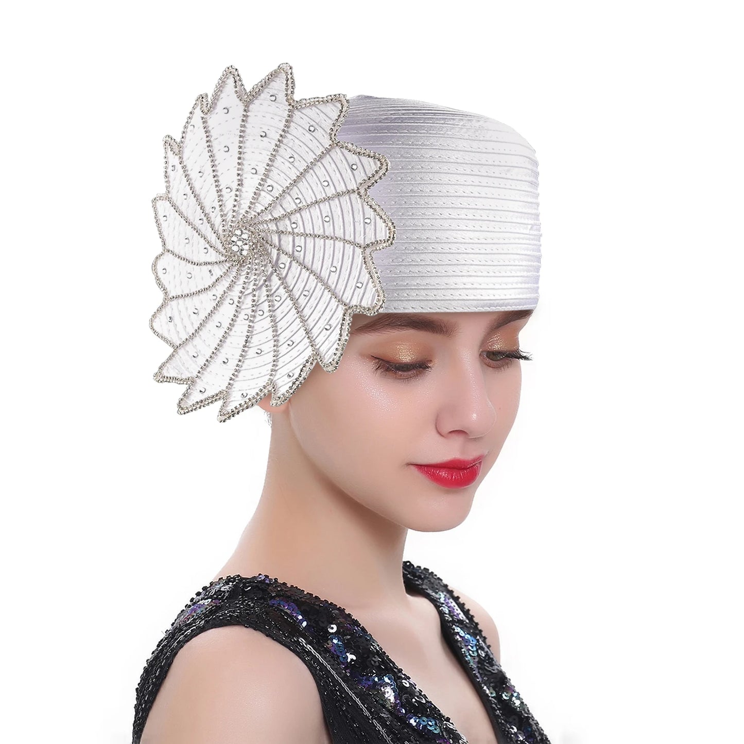Deluxe White Church Hat β Elegant Satin Party & Banquet Hat with Chains & Flowers, Perfect for Formal Events & Photography