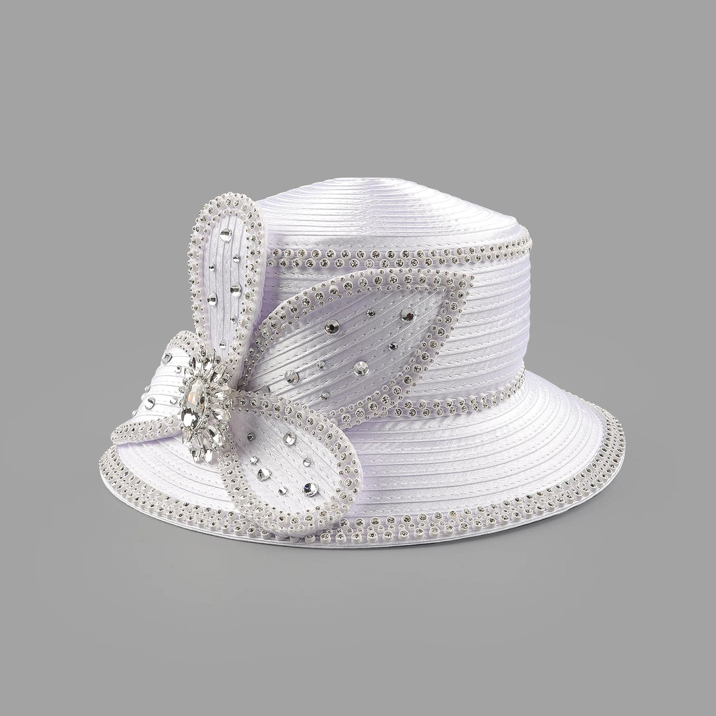 Deluxe White Church Hat β Elegant Satin Party & Banquet Hat with Chains & Flowers, Perfect for Formal Events & Photography