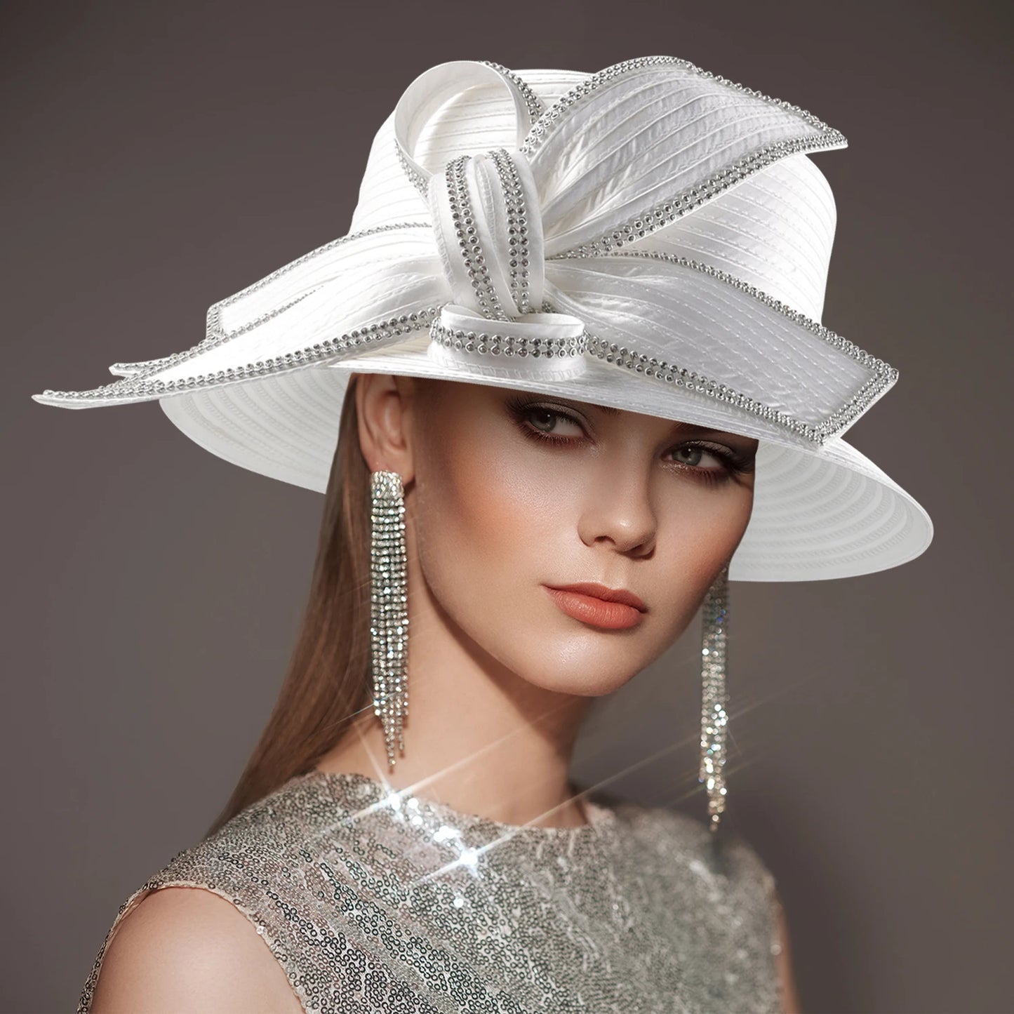 Deluxe White Church Hat β Elegant Satin Party & Banquet Hat with Chains & Flowers, Perfect for Formal Events & Photography
