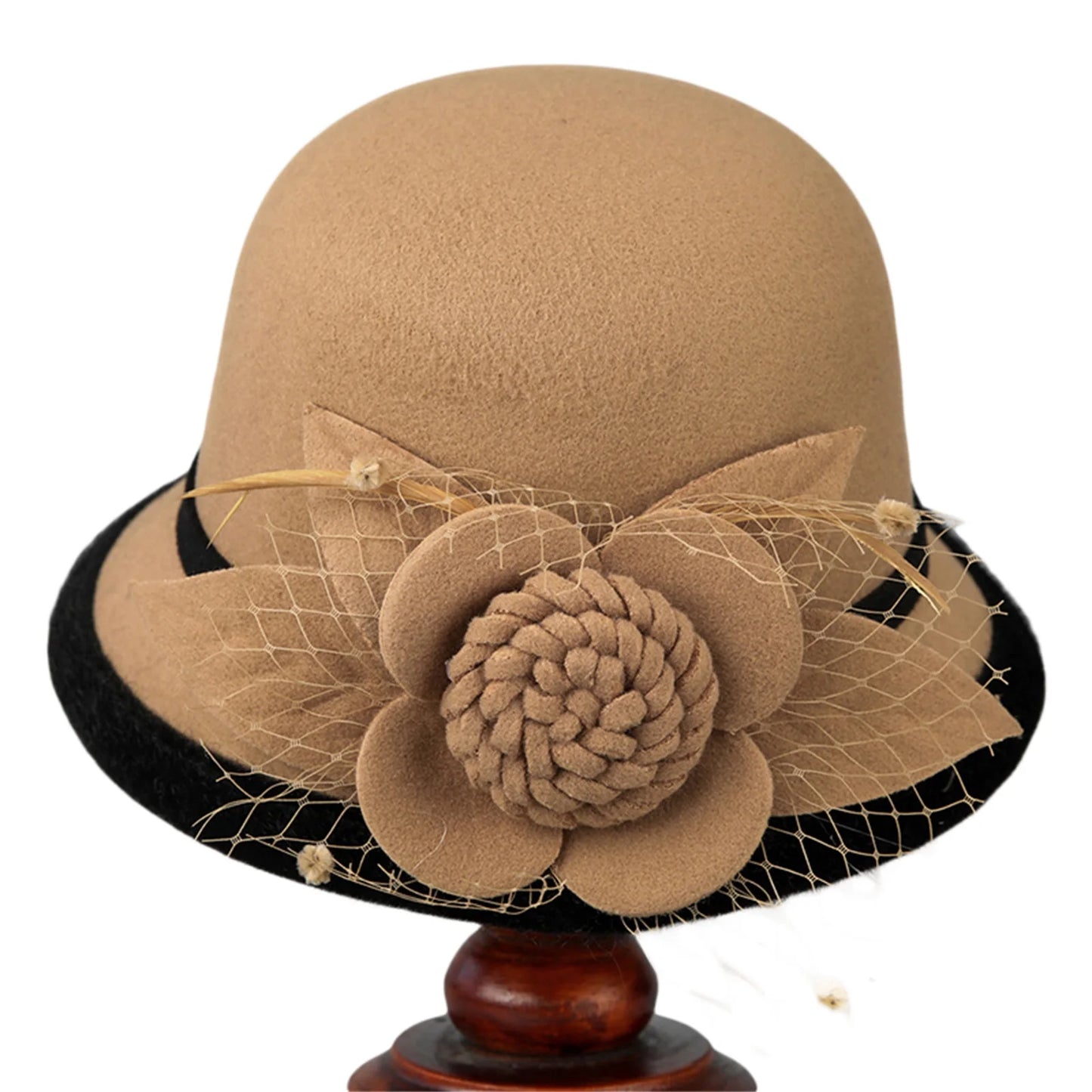 Women’s Wide Brim Bowler Hat – Vintage Church Hat with Mesh & Flowers, Elegant Accessory for Fancy Dress & Costumes