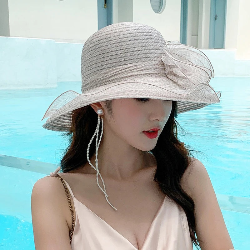 Women’s Summer Eugenia Flower Large Brim Beach Hat – Organza Sunshade Fisherman Hat for Travel, Tea Parties, Weddings & Outdoor Activities