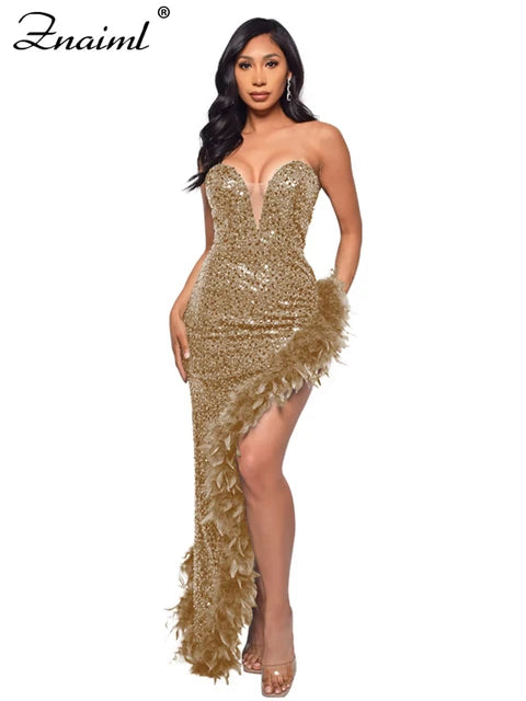 Elegant Feathers High Split Birthday Party Glitter Sequins Maxi Dress Women Night Club Wedding Evening Prom Dresses Robe