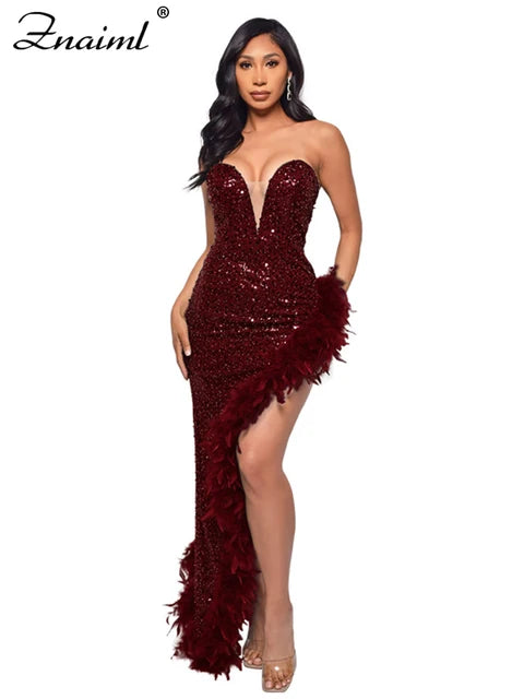 Elegant Feathers High Split Birthday Party Glitter Sequins Maxi Dress Women Night Club Wedding Evening Prom Dresses Robe