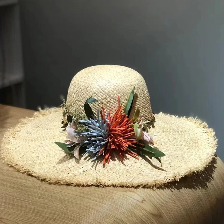Women’s Large Brim Straw Hat – Oversized Flat Top Beach Hat with Floral Decoration, Elegant Travel & Holiday Fashion Accessory