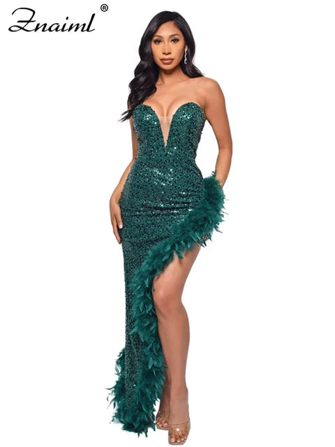 Elegant Feathers High Split Birthday Party Glitter Sequins Maxi Dress Women Night Club Wedding Evening Prom Dresses Robe