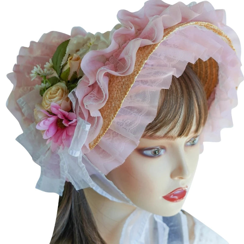 Handmade Lace Straw Sun Hat – Elegant Ribbon Wide Brim Hat for Women, Lolita Fashion Tea Party, Summer Beach & Travel