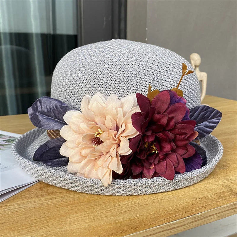 Women’s Summer Bowler Hat with Curled Brim – Floral Breathable Fedora Cap for Wedding, Party, Church & Beach