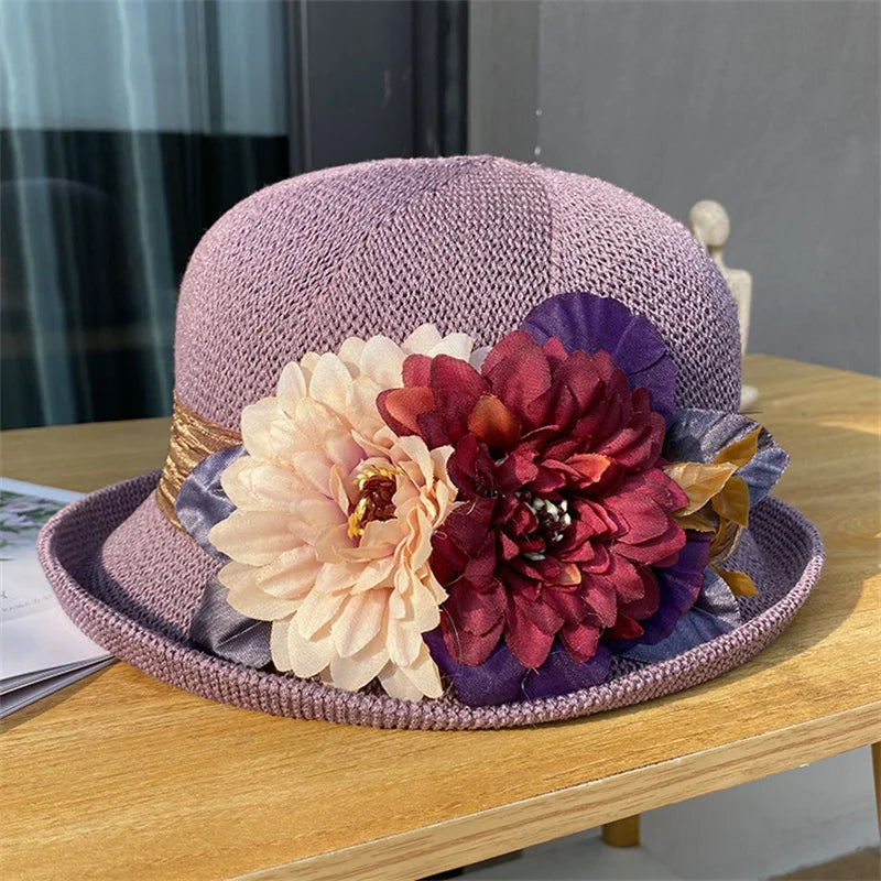 Women’s Summer Bowler Hat with Curled Brim – Floral Breathable Fedora Cap for Wedding, Party, Church & Beach
