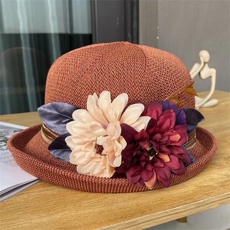 Women’s Summer Bowler Hat with Curled Brim – Floral Breathable Fedora Cap for Wedding, Party, Church & Beach
