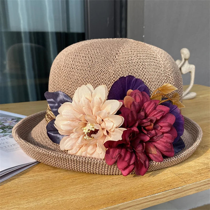 Women’s Summer Bowler Hat with Curled Brim – Floral Breathable Fedora Cap for Wedding, Party, Church & Beach