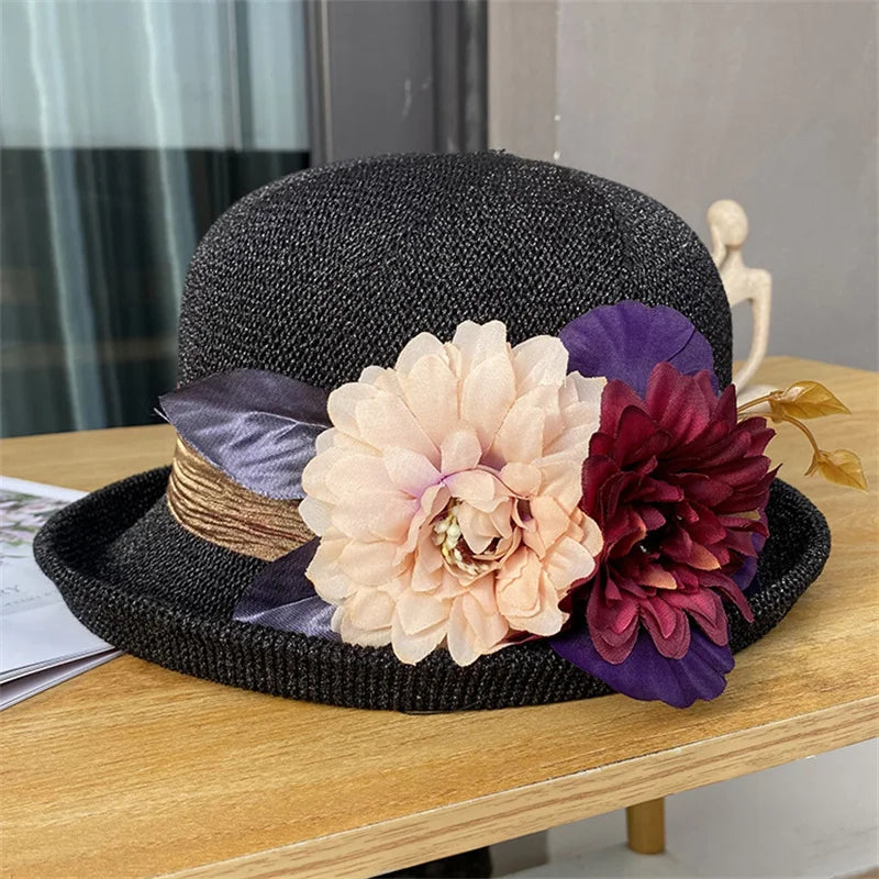 Women’s Summer Bowler Hat with Curled Brim – Floral Breathable Fedora Cap for Wedding, Party, Church & Beach