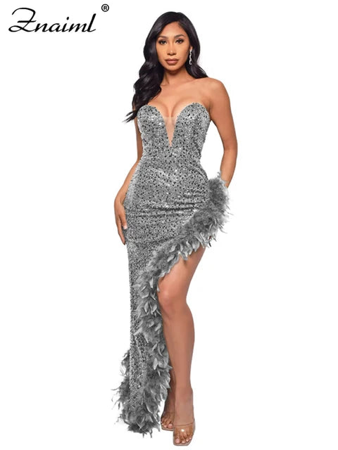 Elegant Feathers High Split Birthday Party Glitter Sequins Maxi Dress Women Night Club Wedding Evening Prom Dresses Robe