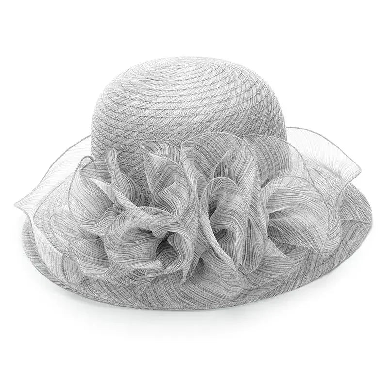 Women’s Summer Wide Brim Sun Hat – Elegant Organza Mesh Hat with Flower Decoration, Beach Vacation Sunshade Hat