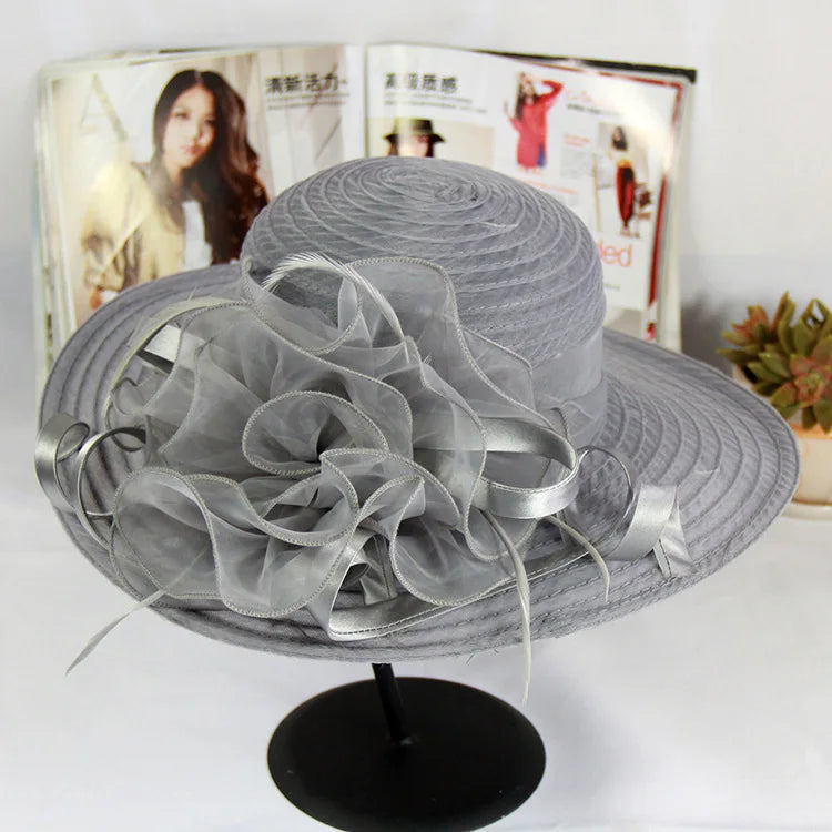 Spring Summer Women’s Mesh Organza Flower Hat – Elegant Wide Brim Dome Sun Hat for Weddings, Parties & Outdoor Fashion