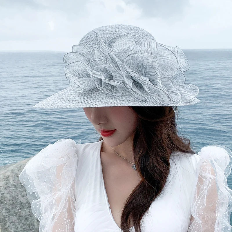 Women’s Summer Eugenia Flower Large Brim Beach Hat – Organza Sunshade Fisherman Hat for Travel, Tea Parties, Weddings & Outdoor Activities