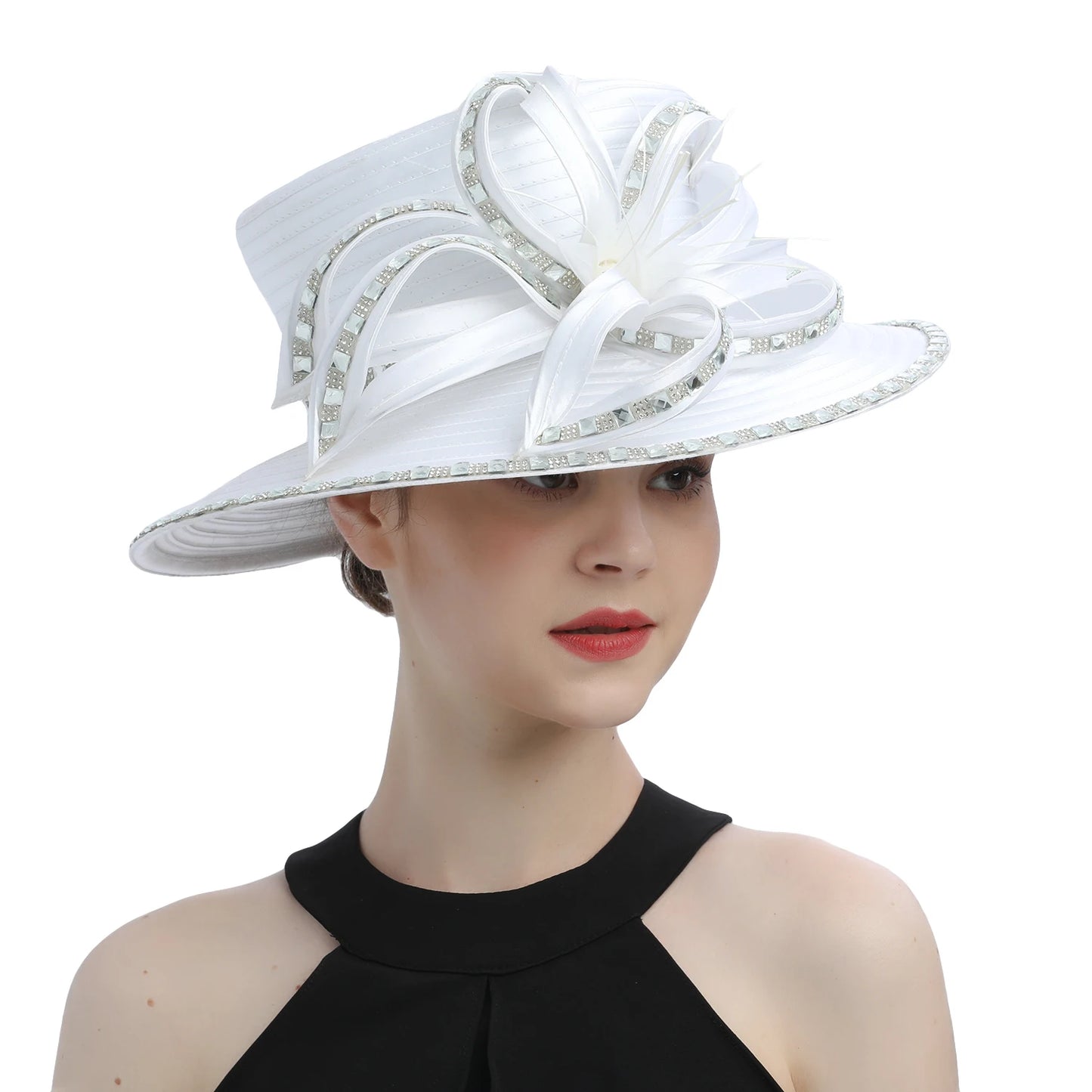 Deluxe White Church Hat β Elegant Satin Party & Banquet Hat with Chains & Flowers, Perfect for Formal Events & Photography