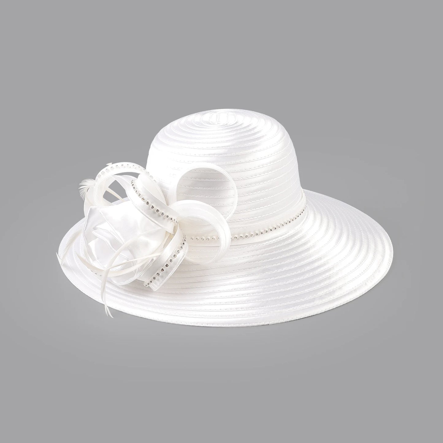 Deluxe White Church Hat β Elegant Satin Party & Banquet Hat with Chains & Flowers, Perfect for Formal Events & Photography