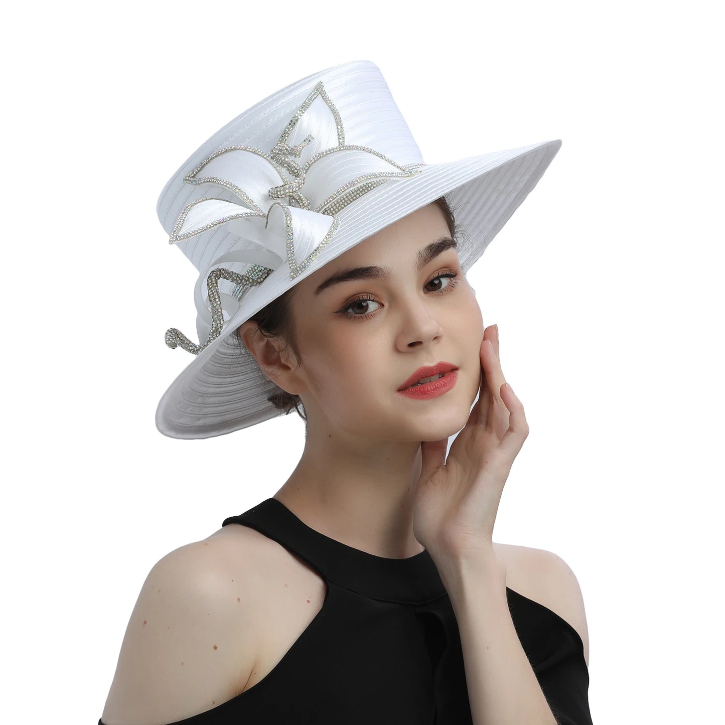 Deluxe White Church Hat β Elegant Satin Party & Banquet Hat with Chains & Flowers, Perfect for Formal Events & Photography